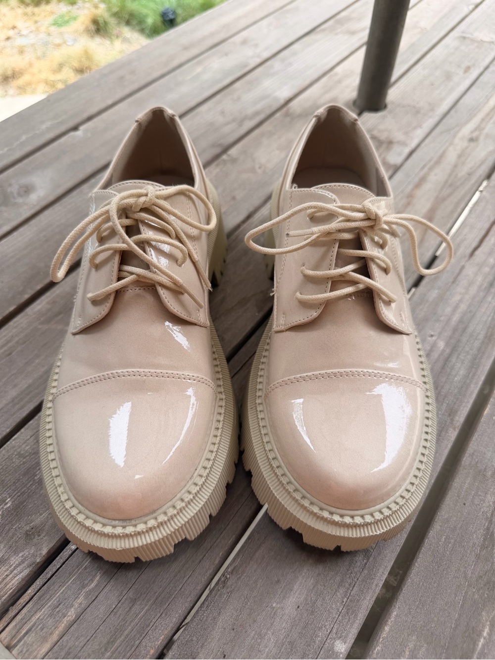 Patent Lace-Up Oxfords in Beige - Women's Chunky Flats